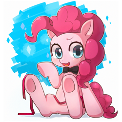 Size: 1024x1024 | Tagged: safe, artist:9seconds, pinkie pie, earth pony, pony, bowtie, cute, diapinkes, female, looking at you, mare, raised hoof, ribbon, sitting, smiling, solo