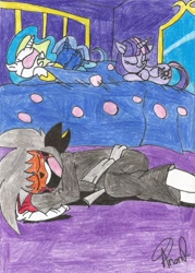 Size: 1574x2195 | Tagged: safe, artist:miitoons, princess celestia, princess luna, twilight sparkle, twilight sparkle (alicorn), oc, alicorn, pony, sleeping, traditional art