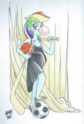 Size: 1402x2065 | Tagged: safe, artist:tonyfleecs, derpibooru import, rainbow dash, equestria girls, baseball bat, basketball, black dress, bubblegum, clothes, commission, commissioner:ajnrules, dress, female, food, football, gum, hockey, hockey stick, little black dress, photo shoot, racket, rainbow dash always dresses in style, solo, sports