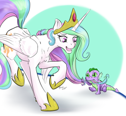 Size: 1600x1467 | Tagged: safe, artist:firimil, princess celestia, spike, alicorn, dragon, pony, baby, baby spike, cute, female, male, mane bite, mare, momlestia, nom, simple background, smiling, spikabetes