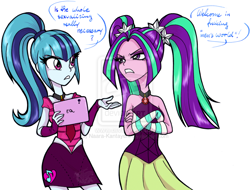 Size: 900x685 | Tagged: dead source, safe, artist:naara-ashley, artist:naara-kantayeni, aria blaze, sonata dusk, equestria girls, deviantart watermark, dialogue, engrish, feminist ponies, mouthpiece, obtrusive watermark, sleeveless, social justice, social justice warrior, subversive kawaii, vulgar, watermark