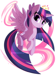 Size: 622x831 | Tagged: safe, artist:pepooni, derpibooru import, twilight sparkle, twilight sparkle (alicorn), alicorn, pony, female, flying, looking at you, mare, new crown, simple background, smiling, solo, spread wings, transparent background