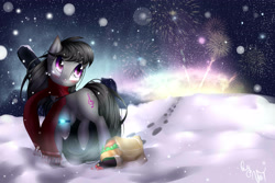 Size: 5000x3333 | Tagged: safe, artist:vardastouch, octavia melody, earth pony, pony, absurd resolution, fireworks, snow, snowfall, solo