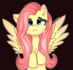 Size: 1024x989 | Tagged: safe, artist:spurfmeow, fluttershy, pegasus, pony, :<, black background, bust, crying, hooves to the chest, looking up, portrait, simple background, solo, spread wings, teary eyes