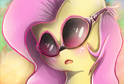 Size: 1024x693 | Tagged: safe, artist:edie-tedie, fluttershy, pegasus, pony, bust, deal with it, open mouth, portrait, solo, sunglasses