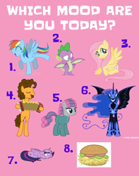 Size: 960x1216 | Tagged: safe, artist:goferyidzemor, artist:horsesandmuchmoar, artist:memnoch, derpibooru import, edit, cheese sandwich, fluttershy, maud pie, nightmare moon, rainbow dash, spike, dragon, earth pony, pegasus, pony, accordion, bipedal, burger, eyes closed, facebook, female, food, male, mare, meme, musical instrument, pink background, simple background, stallion, twilighting, winged spike