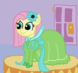 Size: 640x600 | Tagged: safe, artist:ficficponyfic, color edit, edit, edited edit, fluttershy, oc, oc:emerald jewel, alternate color palette, bow, clothes, color, colored, colt, colt quest, crossdressing, cute, cyoa, door, drag queen, dress, femboy, flower, flower in hair, male, recolor, ribbon, shoes, solo, trap