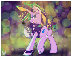 Size: 1500x1200 | Tagged: safe, artist:cckittycreative, rarity, pony, unicorn, alternate hairstyle, bracelet, clothes, female, jacket, jewelry, leather jacket, looking at you, mare, microphone, music notes, plot, punk, raripunk, spiked wristband, wristband