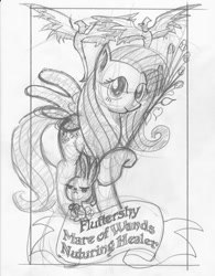 Size: 900x1151 | Tagged: safe, artist:ciaran, derpibooru exclusive, angel bunny, fluttershy, ivy, pegasus, phoenix, pony, looking at you, monochrome, sketch, smiling, solo, spread wings, sunflower, tarot card, tarot:once upon a time, traditional art