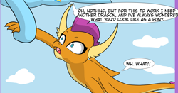 Size: 3604x1884 | Tagged: safe, artist:chedx, derpibooru import, rainbow dash, smolder, dragon, pegasus, pony, comic:claws and hooves, backwards cutie mark, dragoness, female, hoof hold, mare, shocked, speech bubble