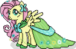 Size: 755x488 | Tagged: safe, artist:creepygamertip, fluttershy, pegasus, pony, clothes, dress, gala dress, pixel art, simple background, solo, transparent background