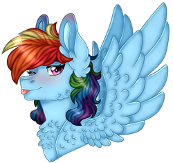 Size: 1333x1251 | Tagged: safe, artist:artistcoolpony, derpibooru import, rainbow dash, pegasus, pony, bust, chest fluff, cute, dashabetes, female, mare, one eye closed, simple background, solo, spread wings, tongue out, transparent background, wings