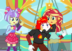 Size: 1628x1159 | Tagged: safe, alternate version, artist:dieart77, derpibooru exclusive, sunset shimmer, supernova zap, oc, oc:eternal flames, oc:gonorrhea, oc:pennywise, human, better together, equestria girls, friendship games, sunset's backstage pass!, angry, beard, bench, black shirt, blue eyes, blue hair, blushing, canon x oc, circus, clothes, cloud, clown, commission, cute, dialogue, eye, eyes, facial hair, female, ferris wheel, hair, heart, hug, jacket, jealous, lidded eyes, link in description, looking at each other, love, male, moustache, muscles, nervous, pants, patreon, patreon logo, red hair, romance, romantic, scene, shipping, skirt, sky, speech bubble, stars, su-z, sunseternal, sweater, white skin, worried, zettai ryouiki, zipper