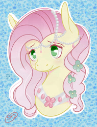 Size: 2618x3444 | Tagged: safe, artist:xsnowdropx, fluttershy, pegasus, pony, bust, colored pupils, jewelry, portrait, solo