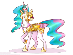 Size: 1600x1200 | Tagged: safe, artist:joepegasus, artist:rimmi1357, princess celestia, anthro, centaur, taur, unguligrade anthro, anthro centaur, armor, breasts, cute, cutie mark, horn, horseshoes, majestic as fuck, one hoof raised, raised hoof, simple background, tongue out, transparent background, wing armor, wings