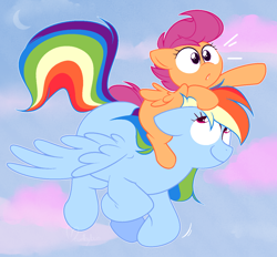 Size: 1280x1188 | Tagged: safe, artist:hyperfixatins, artist:pillsburries, derpibooru import, rainbow dash, scootaloo, pegasus, pony, cloud, crescent moon, cute, cutealoo, dashabetes, duo, female, filly, floppy ears, flying, mare, moon, ponies riding ponies, riding, scootalove, sky, spread wings, wings