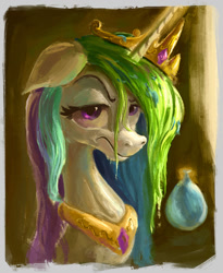 Size: 887x1080 | Tagged: safe, artist:plainoasis, princess celestia, alicorn, pony, balloon, raised eyebrow, solo, unamused, water balloon, wet mane