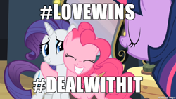 Size: 610x343 | Tagged: safe, pinkie pie, rarity, twilight sparkle, earth pony, pony, unicorn, background pony strikes again, female, gay pride, image macro, irony, lesbian, lovewins, meme, mouthpiece, pride, raripie, shipping