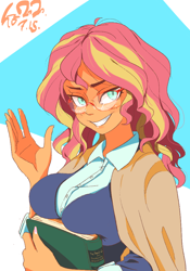 Size: 700x1000 | Tagged: safe, artist:sozglitch, sunset shimmer, equestria girls, abstract background, bedroom eyes, blushing, book, breasts, clothes, female, glasses, grin, looking at you, signature, smiling, solo, sunset jiggler, tanned, waving