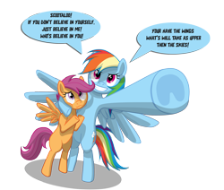 Size: 2711x2304 | Tagged: safe, artist:le-23, derpibooru import, rainbow dash, scootaloo, pegasus, pony, bipedal, engrish, intentional spelling error, simple background, tengen toppa gurren lagann, transparent background, underhoof