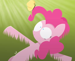 Size: 3508x2875 | Tagged: safe, artist:limejerry, pinkie pie, butterfly, earth pony, pony, grass, on back, solo