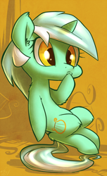 Size: 608x1000 | Tagged: safe, artist:atryl, lyra heartstrings, pondering, prehensile tail, sitting, solo, thinking