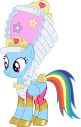 Size: 661x1024 | Tagged: safe, artist:fehlung, artist:kayman13, derpibooru import, edit, rainbow dash, pegasus, pony, clothes, dashie antoinette, dress, face edit, fashion disaster, marie antoinette, powdered wig, simple background, smiling, solo, transparent background, vector, vector edit, wig