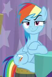 Size: 579x859 | Tagged: safe, derpibooru import, screencap, rainbow dash, pegasus, pony, a trivial pursuit, cropped, faic, rainbow dash is best facemaker, sitting, smug, smugdash, solo