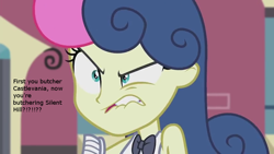 Size: 854x480 | Tagged: safe, edit, edited screencap, screencap, bon bon, sweetie drops, all's fair in love and friendship games, equestria girls, friendship games, angry, bon bon is not amused, caption, castlevania, konami, mouthpiece, obligatory pony, silent hills, solo, video game