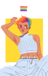 Size: 1053x1653 | Tagged: safe, artist:fioweress, derpibooru import, rainbow dash, human, alternate hairstyle, armpits, belly button, clothes, female, humanized, jeans, midriff, pants, solo, tanktop