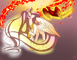 Size: 2800x2200 | Tagged: safe, artist:l-pastellepink-l, philomena, princess celestia, alicorn, phoenix, pony, fire, high res, pink-mane celestia