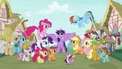 Size: 1280x720 | Tagged: safe, derpibooru import, screencap, apple bloom, applejack, big macintosh, carrot cake, cup cake, fluttershy, granny smith, mayor mare, pinkie pie, rainbow dash, rarity, scootaloo, snails, snips, spike, sweetie belle, twilight sparkle, twilight sparkle (alicorn), zecora, alicorn, dragon, earth pony, pegasus, pony, unicorn, zebra, book, colt, cutie mark crusaders, female, filly, intro, male, mane seven, mane six, mare, opening, ponyville, quill, stallion, theme song