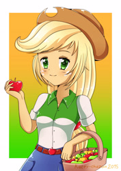 Size: 2480x3508 | Tagged: safe, artist:kateychazuu, applejack, equestria girls, apple, basket, clothes, cowboy hat, denim skirt, freckles, fruit, hat, skirt, solo, stetson