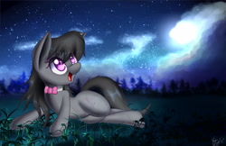 Size: 2550x1650 | Tagged: safe, artist:kawaiipony2, derpibooru import, octavia melody, earth pony, pony, bowtie, cloud, cloudy, colored pupils, cute, female, looking up, lying down, mare, night, night sky, on side, open mouth, signature, smiling, solo, stars, tavibetes, wallpaper