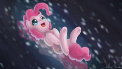 Size: 1600x900 | Tagged: safe, artist:nerow94, pinkie pie, earth pony, pony, female, mare, on back, pink coat, pink mane, solo