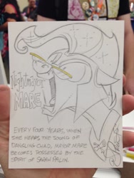 Size: 768x1024 | Tagged: safe, artist:andypriceart, mayor mare, andy you magnificent bastard, floppy ears, glasses, mouthpiece, nightmarified, nightmayor moon, open mouth, political cartoon, politics in the comments, sarah palin, smiling, solo, traditional art, wide eyes