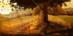 Size: 4000x2000 | Tagged: safe, artist:xwhitedreamsx, applejack, earth pony, pony, autumn, bandana, eyes closed, leaves, sitting, sleeping, solo, straw, tree, under the tree