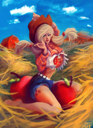 Size: 1600x2200 | Tagged: safe, artist:meyargoll, applejack, human, apple, barefoot, belly button, clothes, daisy dukes, feet, humanized, midriff, pigtails, shirt, solo, traditional art, twintails, windswept hair