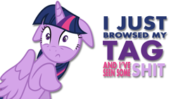 Size: 1280x720 | Tagged: safe, artist:awallpaperbrony, twilight sparkle, twilight sparkle (alicorn), alicorn, pony, :c, female, floppy ears, frown, mare, meta, mouthpiece, raised hoof, simple background, solo, vulgar, wide eyes