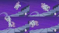 Size: 5121x2882 | Tagged: safe, screencap, sweetie belle, for whom the sweetie belle toils, animation error, falling, falling downstairs, it keeps happening, modular