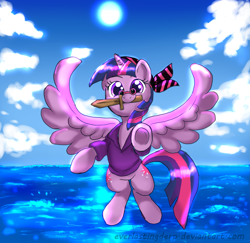 Size: 2723x2649 | Tagged: safe, artist:everlastingderp, derpibooru import, idw, twilight sparkle, twilight sparkle (alicorn), alicorn, pony, clothes, cute, female, flying, glasses, looking at you, mare, mouth hold, pince-nez, pirate, pointing, shirt, smiling, solo, spread wings, twiabetes, underhoof, wooden sword