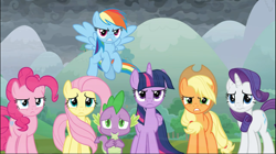 Size: 1671x939 | Tagged: safe, derpibooru import, screencap, applejack, fluttershy, pinkie pie, rainbow dash, rarity, spike, twilight sparkle, twilight sparkle (alicorn), alicorn, dragon, earth pony, pegasus, pony, unicorn, the ending of the end, cropped, determined, flying, group, mane seven, mane six, winged spike