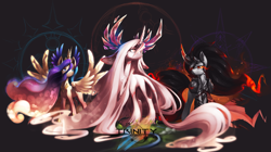 Size: 2000x1116 | Tagged: safe, artist:xennos, derpibooru import, oc, oc only, alicorn, pony, unicorn, alicorn oc, curved horn, female, trinity: rebirth, wallpaper