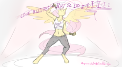 Size: 2880x1600 | Tagged: safe, artist:mrponeswildride, fluttershy, anthro, bat pony, unguligrade anthro, armpits, belly button, clothes, concert, fangs, fingerless gloves, flutterbat, gloves, halestorm, jeans, lights, love bites, midriff, music, pants, punk, race swap, singing, sketch, song reference, spread wings, stage