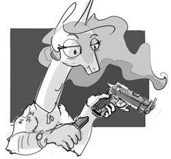 Size: 1437x1340 | Tagged: safe, artist:alumx, princess celestia, anthro, dank memes, dog tags, grayscale, gun, handgun, lidded eyes, monochrome, solo, watch, weapon