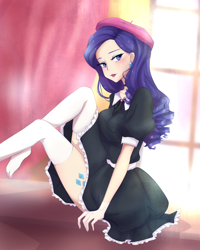 Size: 2000x2500 | Tagged: safe, artist:ponnyan, rarity, human, beret, clothes, curtains, cutie mark, cutie mark on human, cutie mark tattoo, dress, ear piercing, earring, hat, humanized, jewelry, piercing, sitting, solo, stockings, tattoo, thigh highs, window