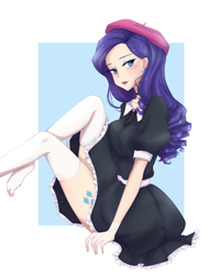 Size: 2000x2500 | Tagged: safe, artist:ponnyan, rarity, human, abstract background, beret, clothes, cutie mark, cutie mark on human, cutie mark tattoo, dress, ear piercing, earring, hat, humanized, jewelry, piercing, sitting, socks, solo, stockings, tattoo, thigh highs