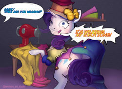 Size: 1200x875 | Tagged: safe, artist:oneofyouare, rarity, pony, unicorn, fame and misfortune, clothes, commission, dialogue, dress, offscreen character, plot, rarisnap, sewing machine, solo, speech bubble, stress couture, why i'm creating a gown darling