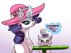 Size: 1835x1379 | Tagged: safe, artist:marbola, opalescence, rarity, pony, unicorn, chest fluff, coffee, cup, ear fluff, female, glowing horn, hat, magic, mare, ribbon, table, teacup, telekinesis