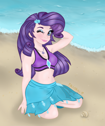 Size: 1500x1800 | Tagged: safe, artist:raiokai, rarity, better together, equestria girls, arm behind head, armpits, beach, beach babe, beautiful, bikini, bikini babe, bikini top, blushing, breasts, clothes, one eye closed, sarong, shell, swimsuit, water, wink